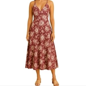 Chaps Mauve Floral Pink Rose Garden Cream V Neck Midi Cotton Wine Dress XL